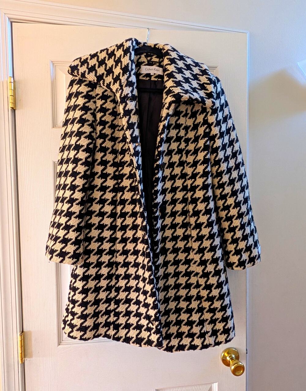 Calvin Klein Black/White Houndstooth Peacoat Button Front Mid-Length Size 6